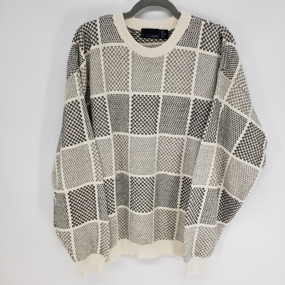 Vintage 90s Bill Blass Checkered Knit Sweater Mens Size XL Cream Cotton Crewneck